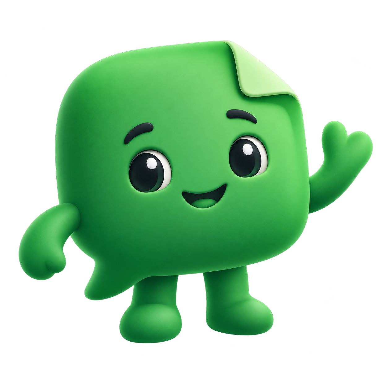 Vumi, a friendly green AI assistant waving hello